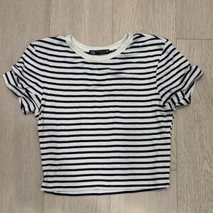 Zara Navy and White Striped Crop Top